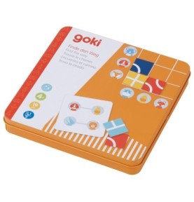 Boîte en métal orange fermée, couvercle Goki montrant une carte défi et des tuiles