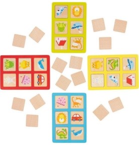 Loto des animaux en bois Goki : quatre plateaux de couleur et plaquettes face cachée