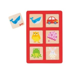 Plateau rouge à six cases : baleine, voiture, chouette, parapluie, grenouille et lapin, avec une plaquette baleine