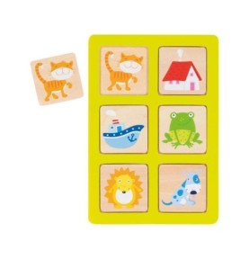 Plateau vert anis avec chat, maison, bateau, grenouille, lion et chien, plaquette chat à côté