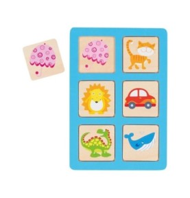 Plateau bleu ciel avec parapluie, chat, lion, voiture, dinosaure et baleine, et sa plaquette parapluie