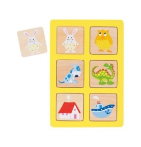 Plateau jaune avec lapin, chouette, chien, dinosaure, maison et bateau, une plaquette lapin posée à côté