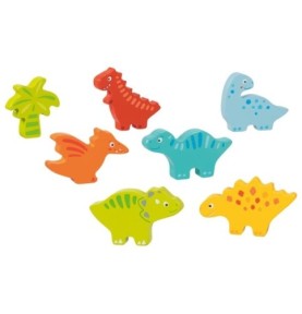 Les sept pièces sorties du plateau, debout comme des figurines : six dinosaures colorés et un palmier