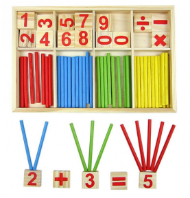 Wooden Arithmetic Box with Counting Sticks & Number Tiles - Close-up details of natural materials