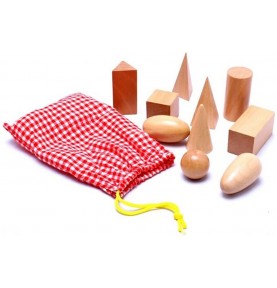 Wooden 3D Geometric Solids with Sensory Drawstring Bag - Montessori Educational Toy