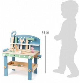 Deluxe Compact Wooden Workbench Playset with Tools - Close-up details of natural materials