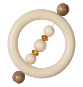 Natural Baltic Amber & Wood Baby Teething Rattle - Montessori Educational Toy