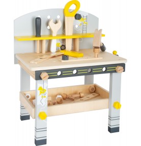 Compact Wooden Tool Workbench - Grey & Yellow - Close-up details of natural materials
