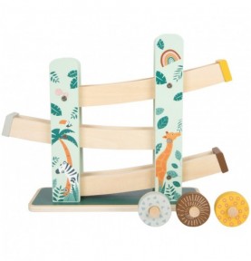Safari Wooden Rolling Wheel Cascade Ramp Racer - Play Details & Elements