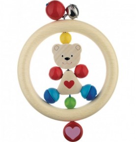 Grey Teddy Bear Wooden Baby Rattle with Bell - View 1