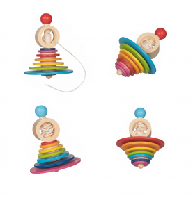 Traditional Wooden Rainbow Spinning Top with Launcher - Wooden Montessori Toy