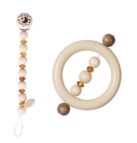 Baltic Amber Teething Ring & Matching Wooden Dummy Clip Set - Montessori Wooden Educational Toy