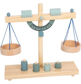 Blue Wooden Balance Scale with 4 Montessori Brass Weights - Overview of Educational Toy