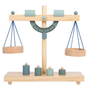 Blue Wooden Balance Scale with 4 Montessori Brass Weights - Montessori Wooden Educational Toy