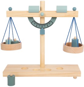Blue Wooden Balance Scale with 4 Montessori Brass Weights - Elements & Play Details
