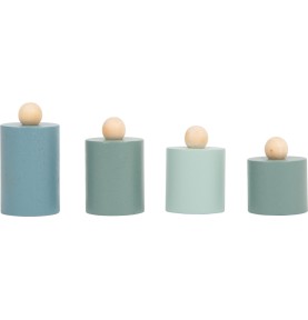 Blue Wooden Balance Scale with 4 Montessori Brass Weights - Close-up on Quality & Finish