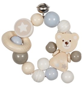 Grey Teddy Bear Wooden Baby Rattle with Bell - Wooden Montessori Toy