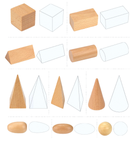 Wooden 3D Geometric Solids with Sensory Drawstring Bag - Overview of Montessori learning set