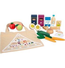 Wooden Market Grocery Bag with Play Food Essentials - Montessori Wooden Educational Toy
