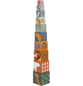 Safari Animals Stacking Wooden Blocks Tower - Overview - Montessori Toy
