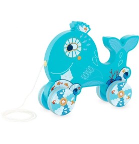 Blue Whale Wooden Rolling Push Toy with Wheels - Montessori Wooden Educational Toy