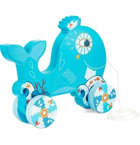 Blue Whale Wooden Rolling Push Toy with Wheels - Overview - Montessori Toy