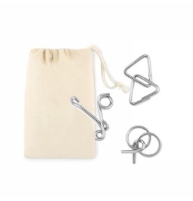 Set of 3 Metal Wire Brain Teasers with Cotton Pouch - Montessori Wooden Educational Toy