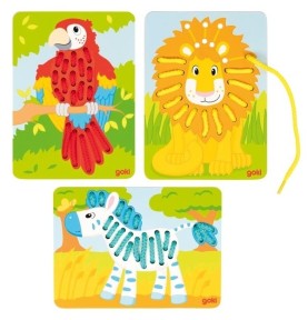 3 Wooden Safari Animals Lacing Cards - Montessori Educational Toy