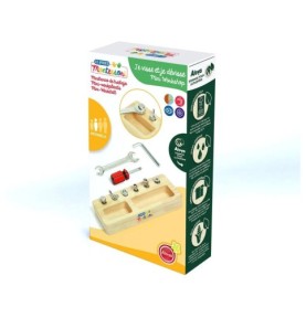 Boîte Je visse et je dévisse des Apprentis Montessori, socle en bois et outils illustrés