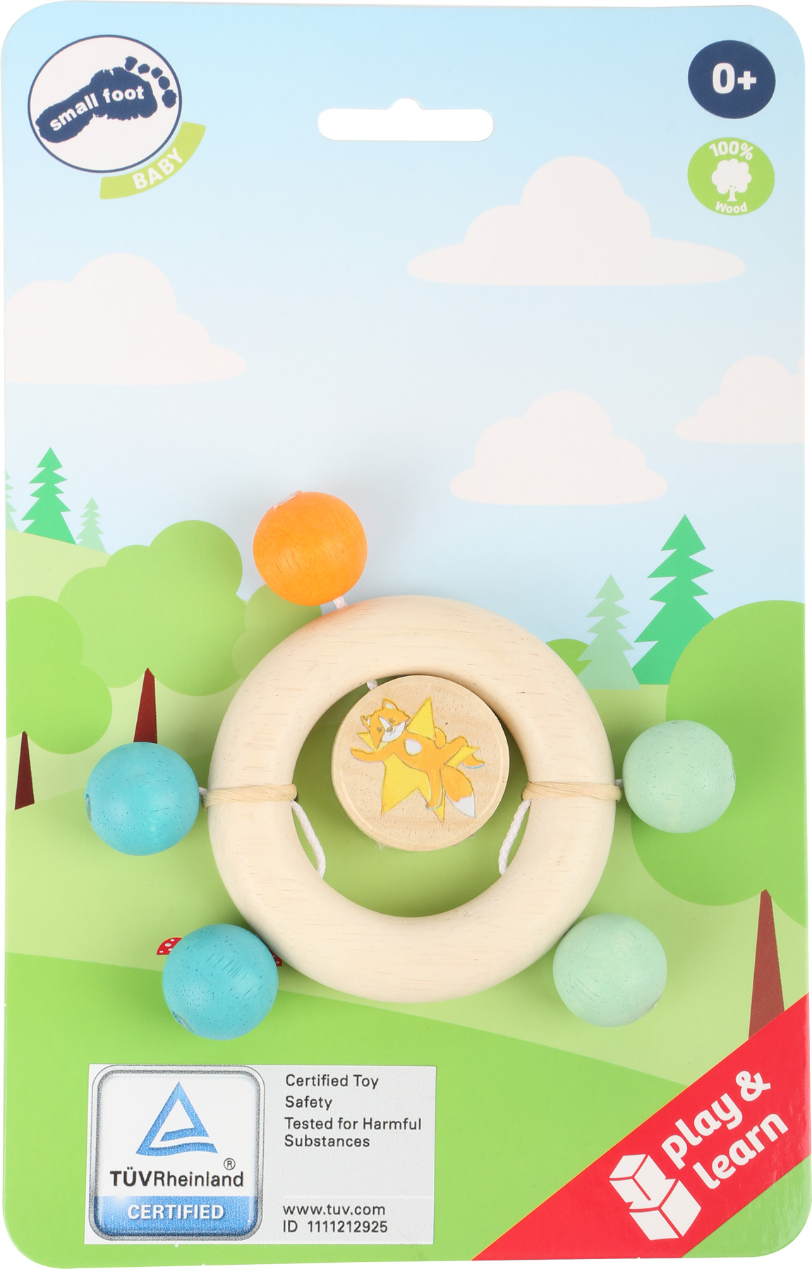 Natural wooden teething ring with beads in packaging